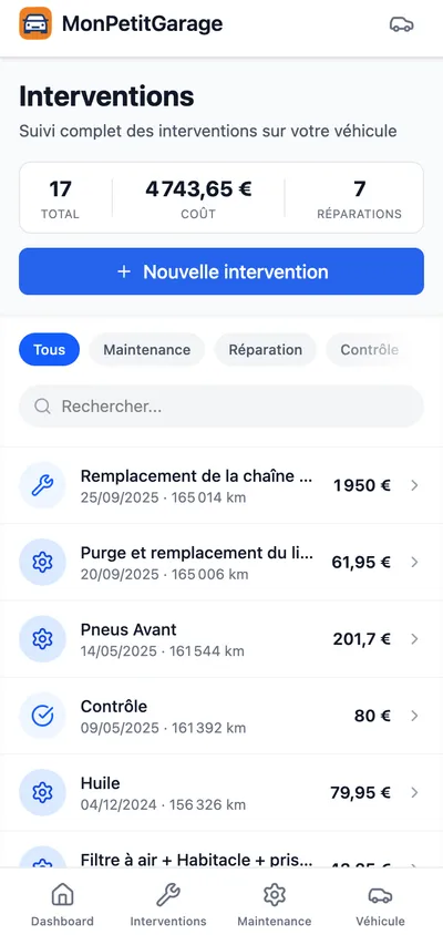 Application MonPetitGarage sur mobile