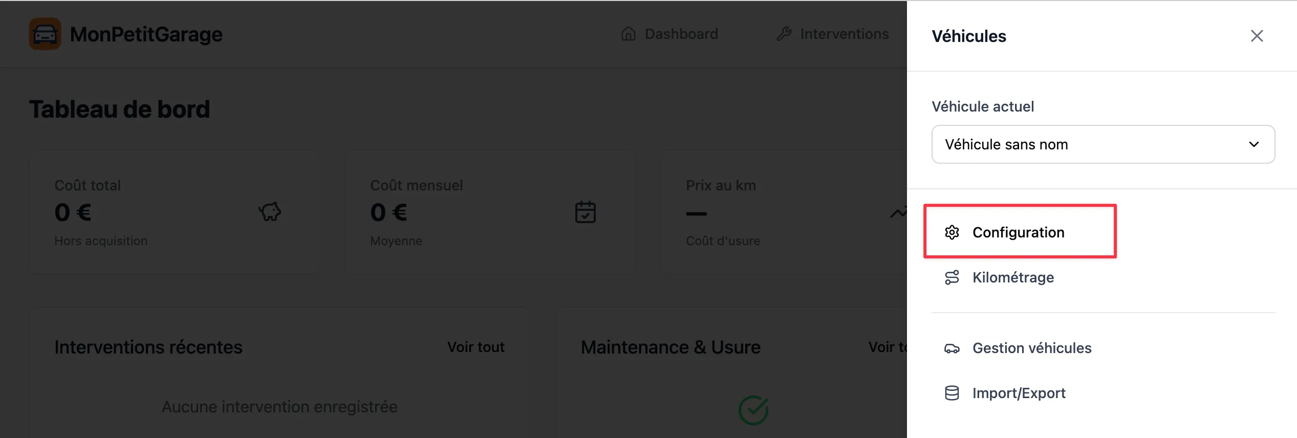 Accéder à la configuration du véhicule