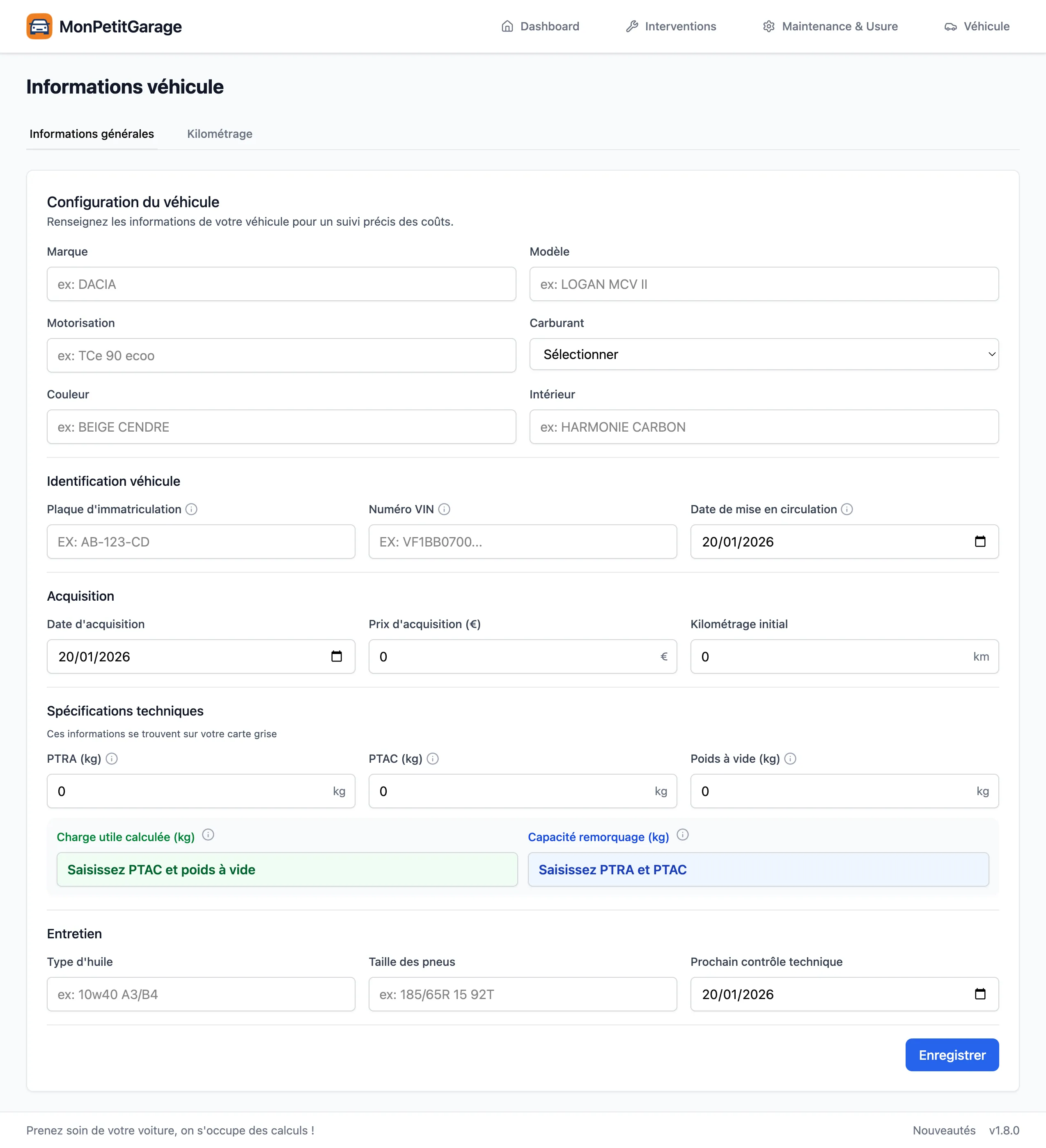 Formulaire de création du véhicule
